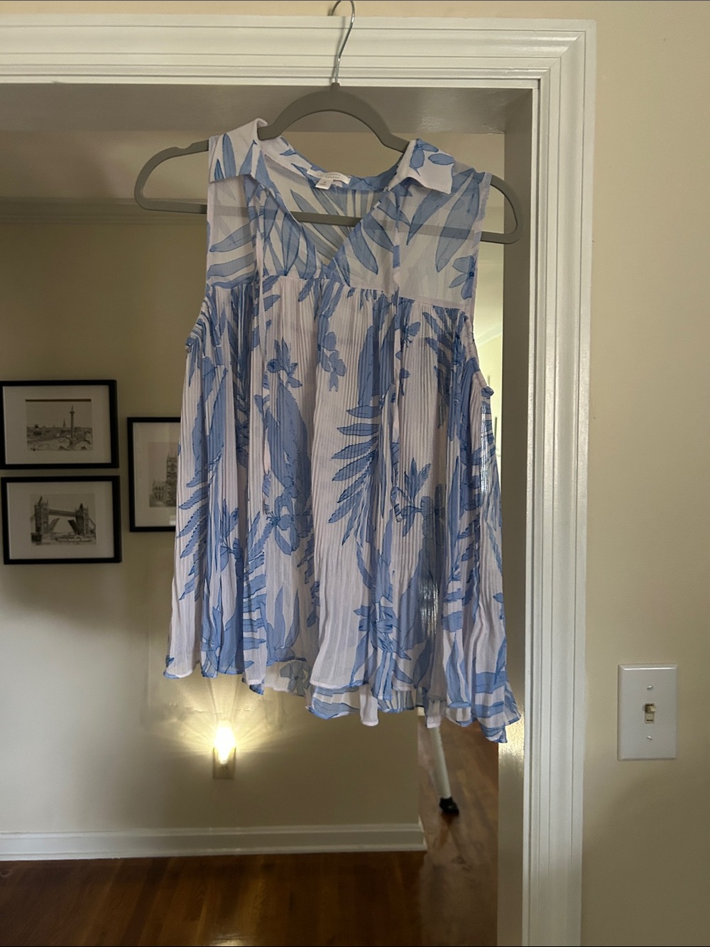 LC Lauren Conrad White Sleeveless Dress with Blue Floral Print